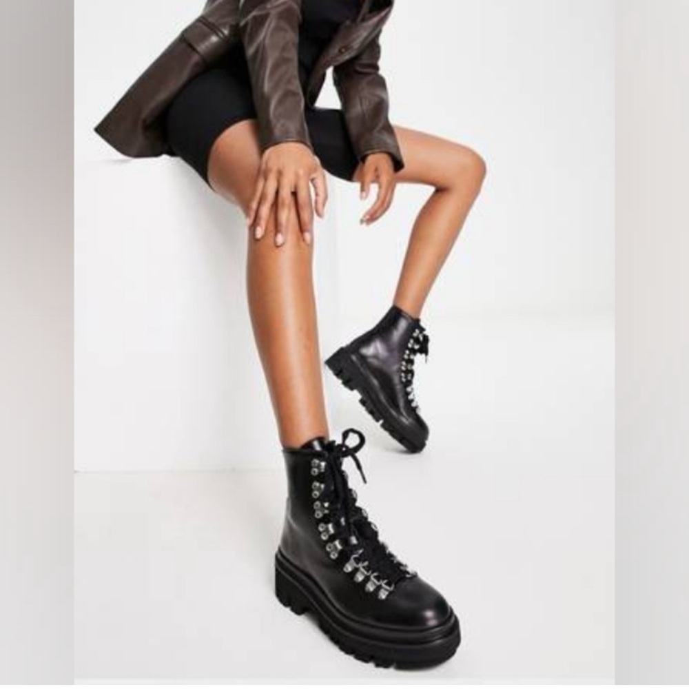 All Saints Wanda Lug Sole Black Leather Combat Boots 40/10
